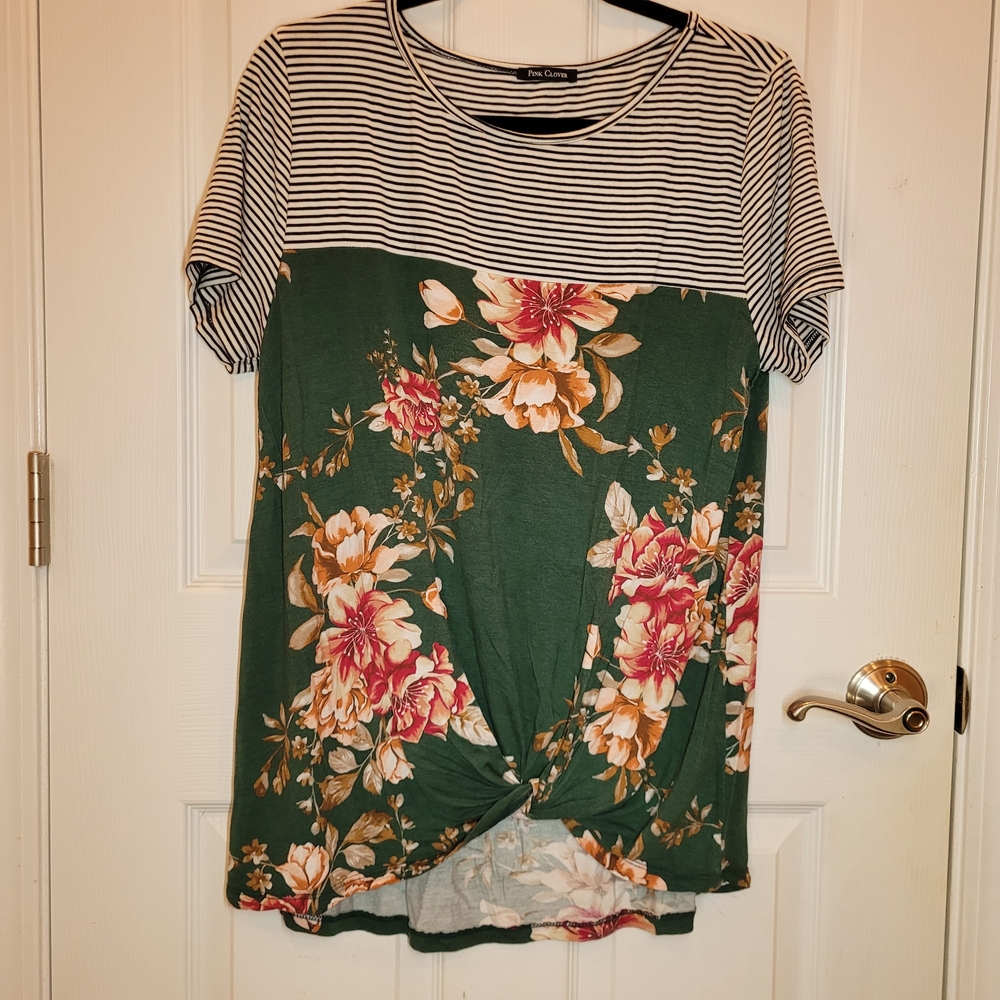 Pink Clover Stripes And Floral Drop Knot Short Sleeve Top Sz Medium